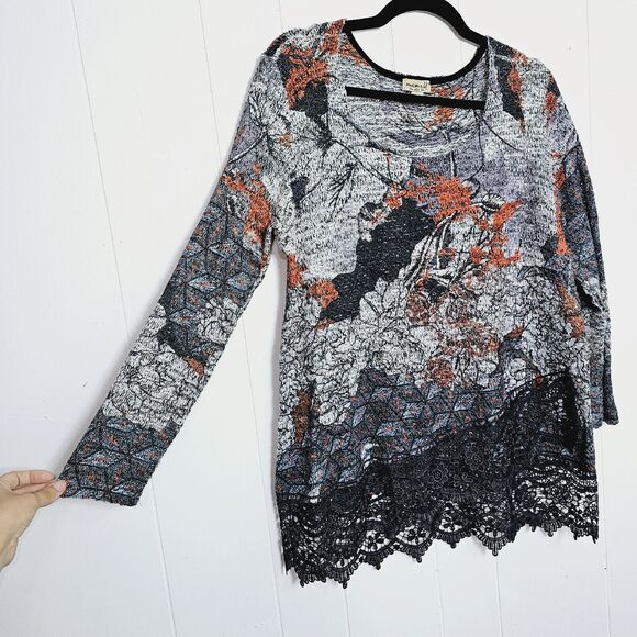 One World Womens Size M Grey Long Sleeve Lightweight Sweater With Lace Trim Fall - Picture 6 of 13